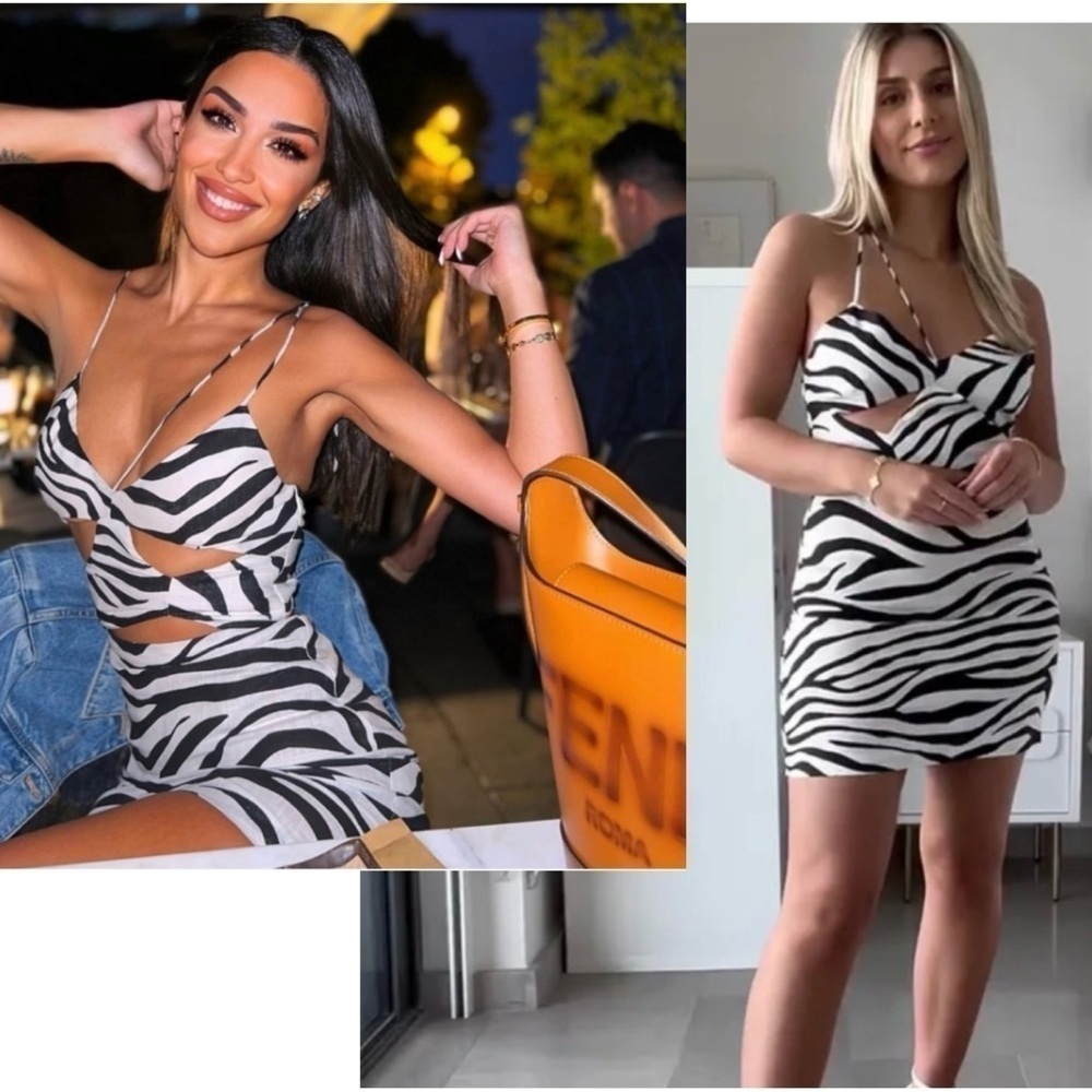Zara black white zebra animal print cut out spaghetti strap mini dress L NWT